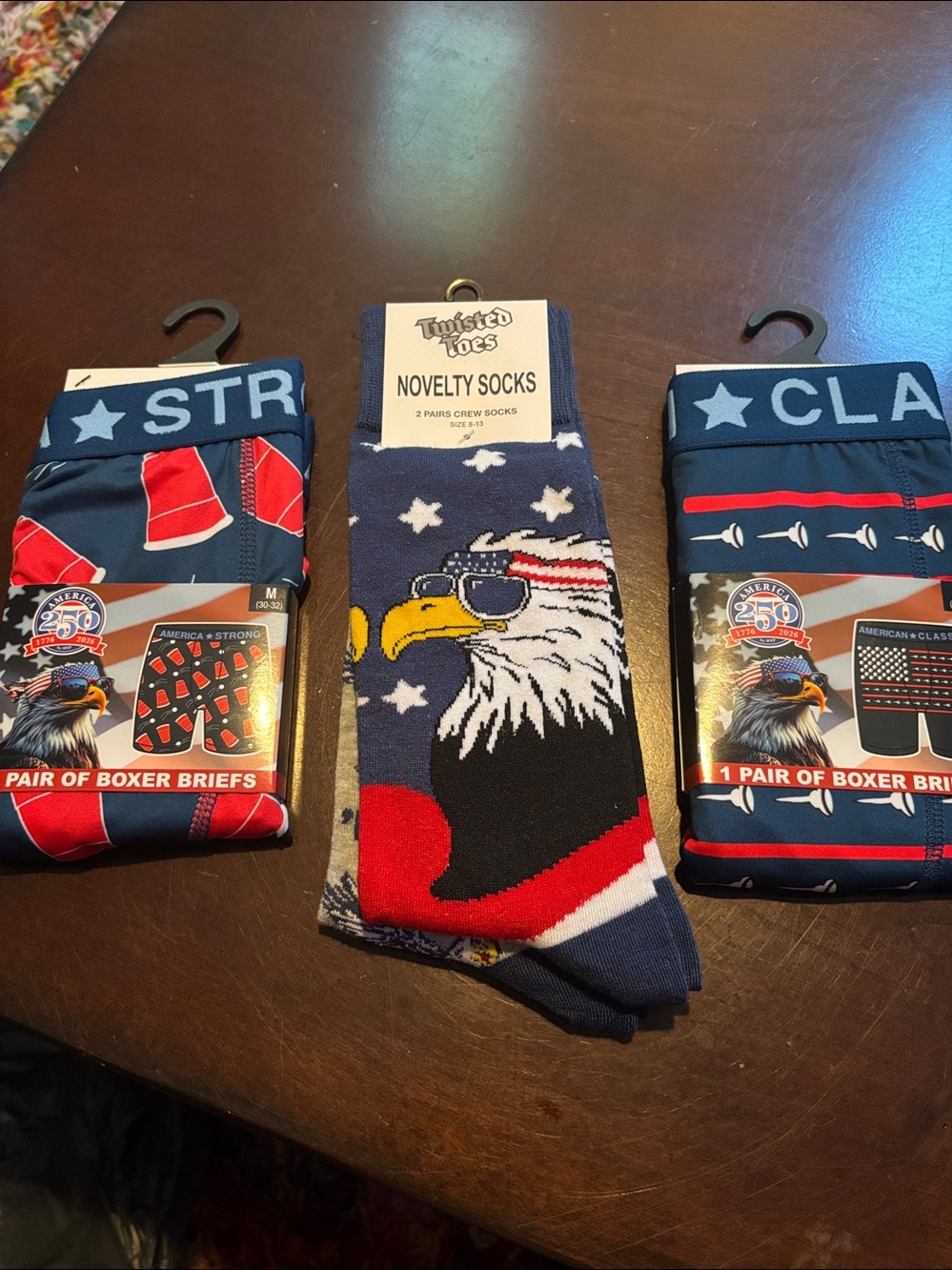2 Pair America Strong 250 Red White & Blue Beer Pong & Flag Boxers & Socks NWT